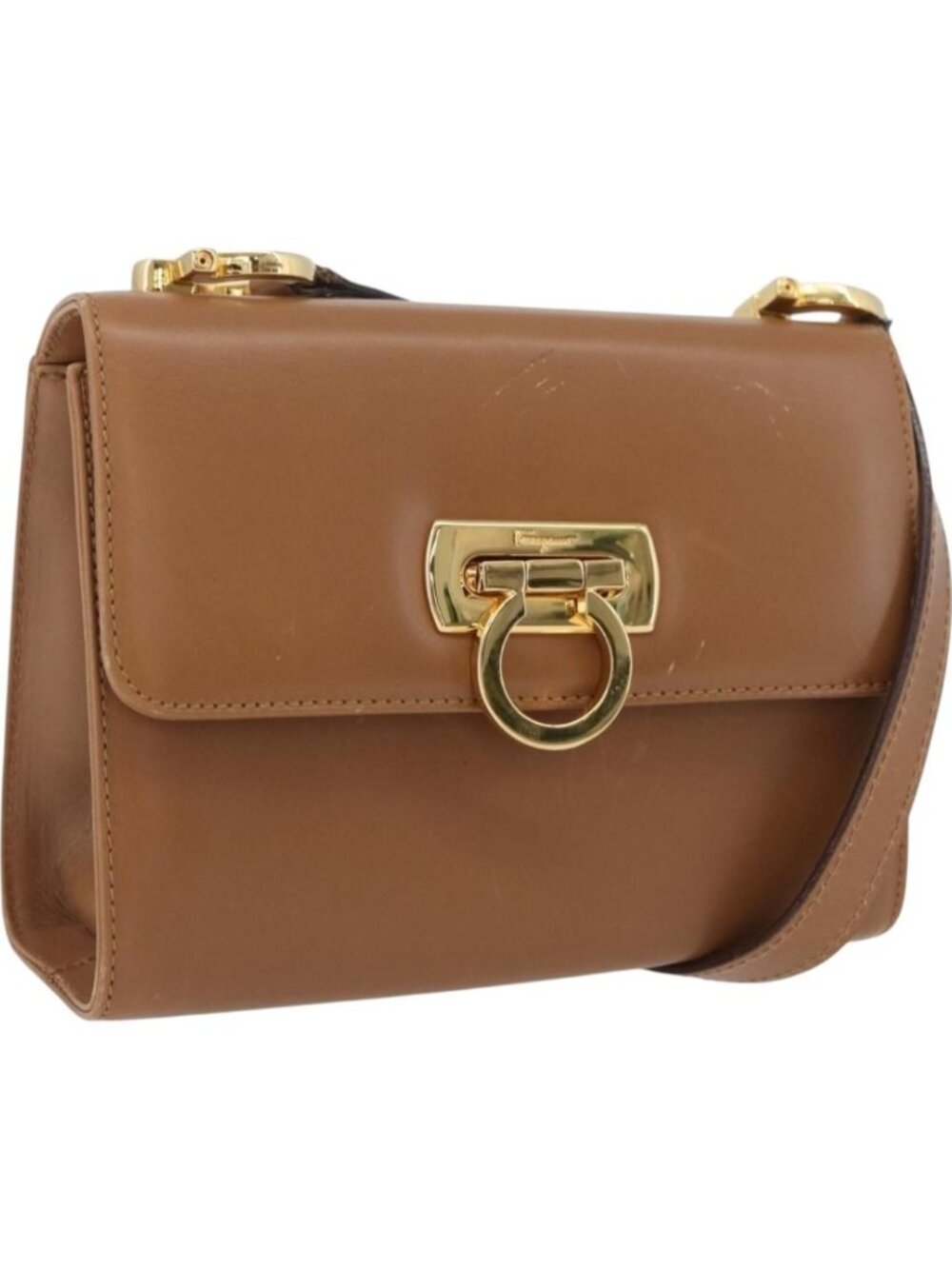 Salvatore Ferragamo Gancini Shoulder Bag Leather Beige Gold
